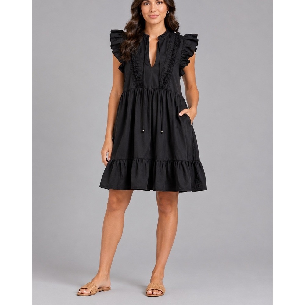 Caroline Constas Tiered Ruffled Mini Dress Womens L Black Poplin Babydoll Resort